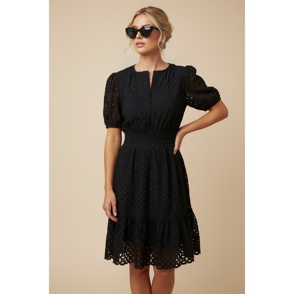 NEW Pretty Garden Black Eyelet Lace Smocked Mini Dress Size Medium Cottagecore